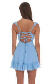 Ruffle Strap Fit and Flare Dress in Light Blue